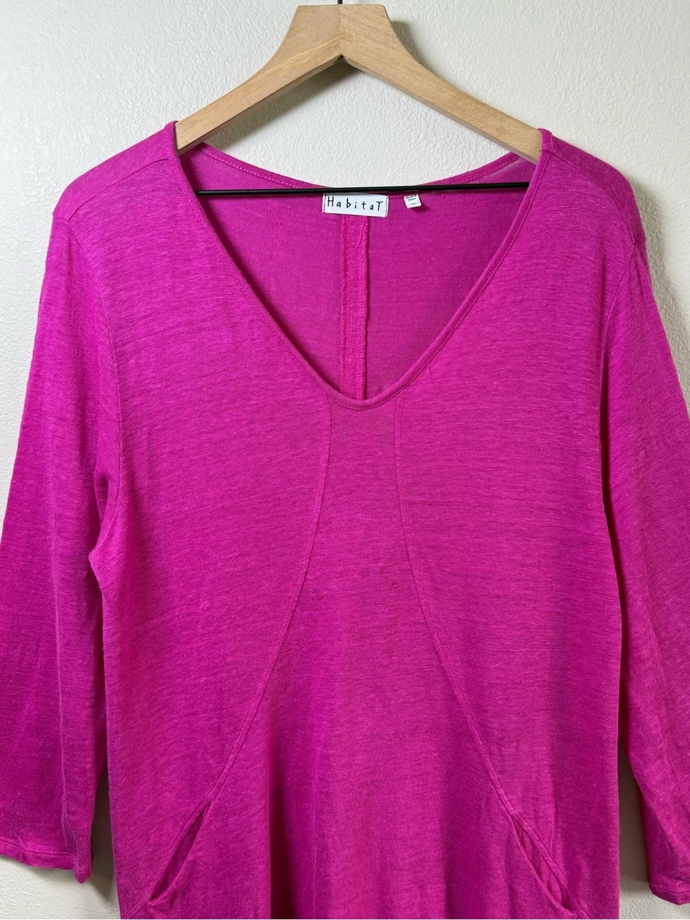 Habitat Linen Magenta Pink V Neck Long Sleeve Tunic Top Lagenlook Front Pockets
